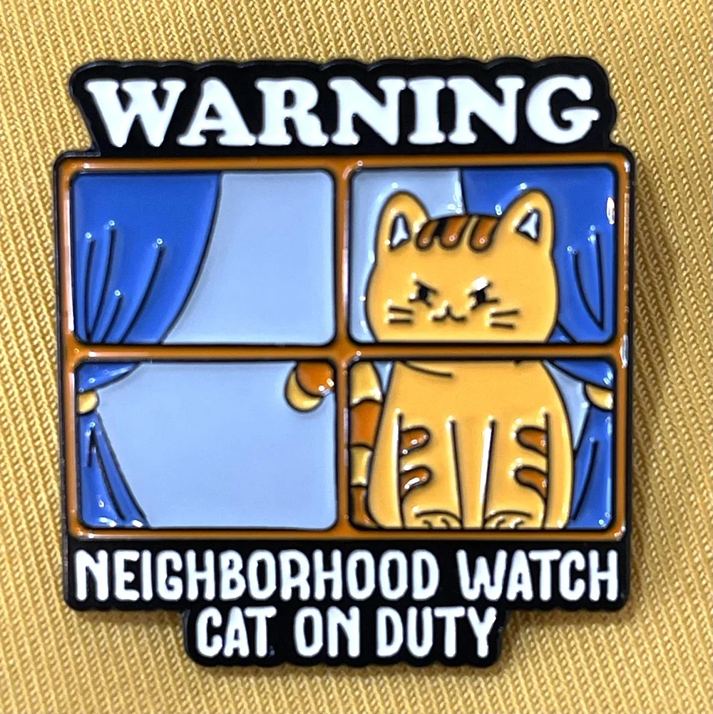 NWOT Yellow Neighborhood Watch Cat On Duty Brooch Lapel Pin Enamel Funny